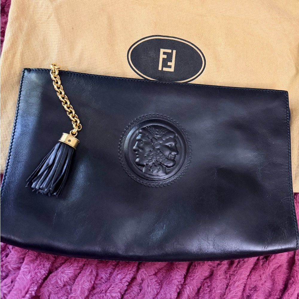Fendi Black Leather Medallion Tassel Wristlet Clutch